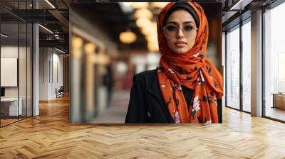 A stylish woman wearing a hijab and glasses on a busy sidewalk Wall mural