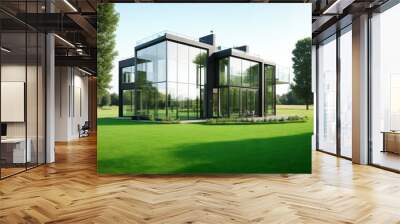 A very modern, luxurious house in the countryside. Building with large glass windows and green grass. Wall mural