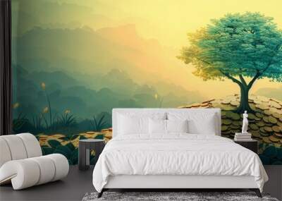 A whimsical illustration of a tree growing from a pile of coins, symbolizing investment and growth. Wall mural