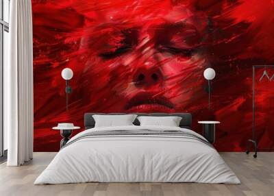 An abstract portrait, featuring red bold brushstrokes and unexpected shapes. Wall mural