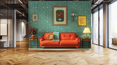 Art  interior with patterned wallpaper and furniture. Folktale Inspiration. illustration Wall mural