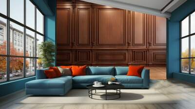 Classic premium luxury wood paneling wall background or texture. Highly crafted traditional wood paneling wall and floor, with a frame and column pattern Wall mural