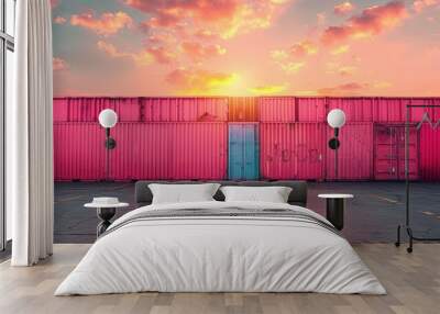 Containers show the transportation of goods and logistics in a busy industrial port. Wall mural