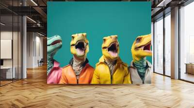 Creative animal concept. Dinosaur dino in a group, vibrant bright fashionable outfits isolated on solid background advertisement, copy text space Wall mural