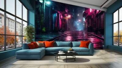 Dark street in cyberpunk city, gloomy alley with neon lighting Wall mural