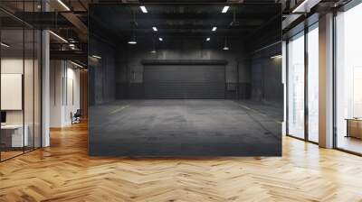 Empty industrial garage scene, simple and uncluttered, dark grey and black. Wall mural