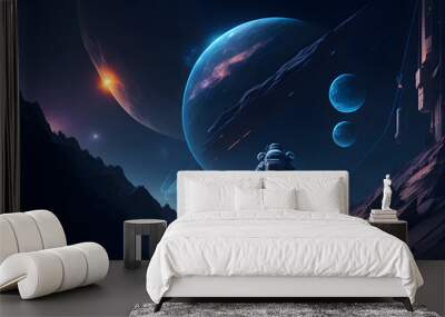 Futuristic Space Landscape, Planets, stars, Galaxy, Cosmos, Robots, Astronauts, Sky, Moon, Sun, Solar System, Space,  Wall mural