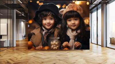 illustration of cheerful children in Christmas hat surrounded by decorative details and looking at camera in blurred background Wall mural