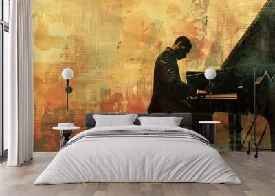 Male jazz or classical musician pianist playing a piano in a vintage abstract distressed style painting background for a poster or flyer, stock illustration image Wall mural