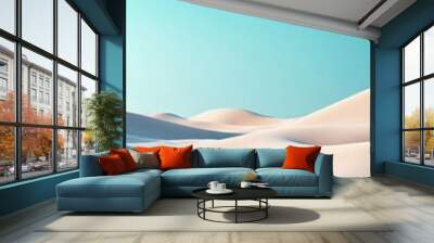 Minimalist paper boat on sandy dunes, serene landscape with gentle curves under a clear blue sky, evoking tranquility and simplicity Wall mural