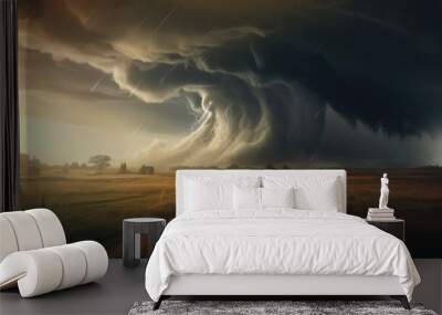 Natural disaster concept. Tornado raging over a landscape. Storm over cornfield. Super cell wall cloud moving over the rural landscape during severe storm tornado warning Wall mural