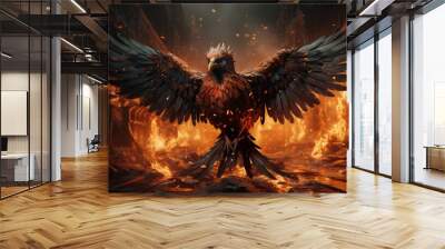 Phoenix bird risen from the ashes, fire bird. Burning bird. 3D illustration. Wall mural