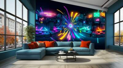 Photo of a futuristic cityscape with neon lights and a prominent clock Wall mural