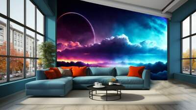 Photo of a surreal sky with a distant planet and vibrant clouds in stunning colors Wall mural