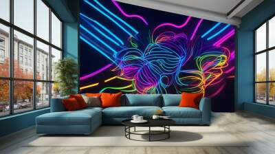 Photo of colorful neon lines creating an abstract art on a contrasting black background Wall mural