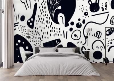 Playful Black and White Doodle Wallpaper, whimsical characters, abstract shapes, creative design, fun atmosphere, artistic expression Wall mural