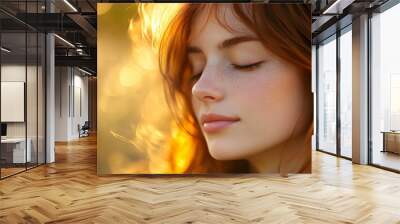 Serene young woman with auburn hair basking in golden sunlight Wall mural