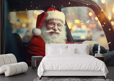 Smiling Santa Claus driving taxi car in the city Wall mural