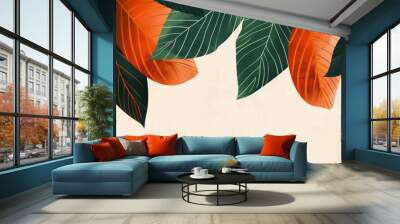 Stylish and modern illustration consisting of abstract leaves designed in a stylish style. The leaves are drawn in a deep emerald orange color, creating a luxurious feel. Wall mural