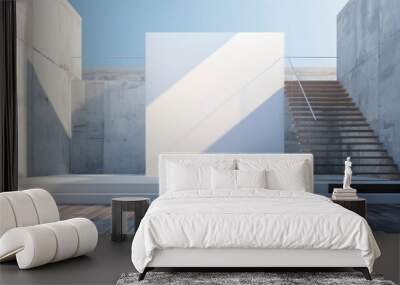 The backdrop is a large white sheet with a staircase in one corner. The background has a grey wall and a slight dark blue sky. Wall mural