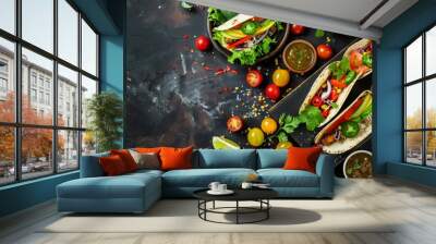 Vibrant Mexican tacos with fresh ingredients on a dark concrete background in a top view style Wall mural