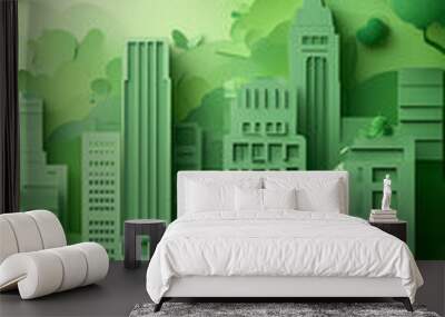 The concept of a green city and environment with a family. paper art and digital craft style. Wall mural