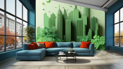 The concept of a green city and environment with a family. paper art and digital craft style. Wall mural