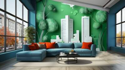 The concept of a green city and environment with a family. paper art and digital craft style. Wall mural