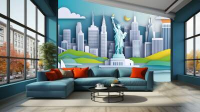 USA travel vector illustration. American city famous landmark background in paper cut art style. Wall mural