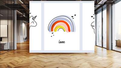 Artistic vector illustrations set of playful rainbow, happy unicorn and cheerful cockatoo parrot. Funny design for cute greeting card or cool poster. Editable stroke Wall mural