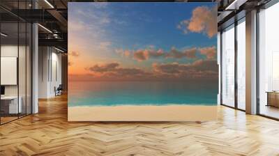 Beach with palm trees at sunrise, ocean at sunset with shore and palm trees, sun over water, 3d rendering Wall mural