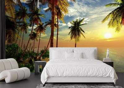 Beach with palm trees at sunset, tropical coast with palm trees under the setting sun Wall mural