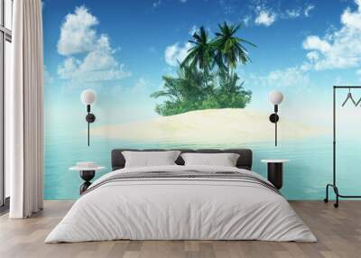 Beautiful sea landscape with an island with palm trees, a tropical island with palm trees in the middle of the ocean, 3d rendering Wall mural