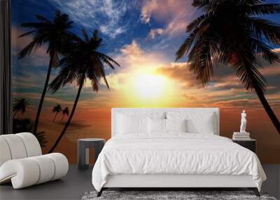 beautiful sea sunset on the beach with palm trees
 Wall mural