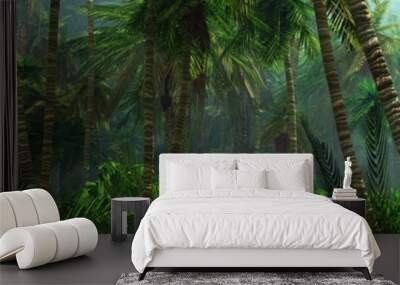 Jungle, beautiful rainforest in the fog, palm trees in the haze, jungle in the morning in the fog Wall mural