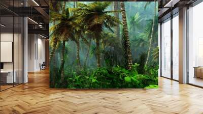 Jungle, beautiful rainforest in the fog, palm trees in the haze, jungle in the morning in the fog Wall mural