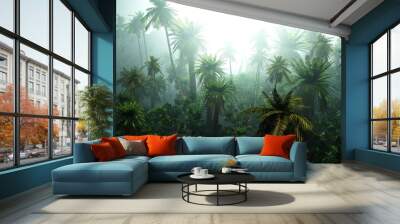 Jungle in the fog, palm trees in the haze, morning jungle, 3D rendering Wall mural