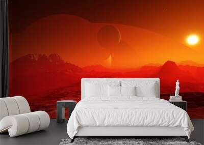 Mars at sunset, panorama of Mars, alien landscape, a panorama of a surface of another planet, 3D rendering Wall mural