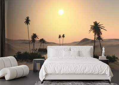 Oasis at sunset in a sandy desert, a panorama of the desert with palm trees,
3d rendering Wall mural