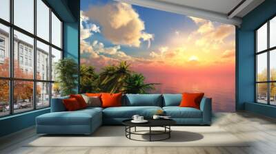 Palm trees at sunset over water, panorama of the beach at dawn with palm trees, 3d rendering Wall mural