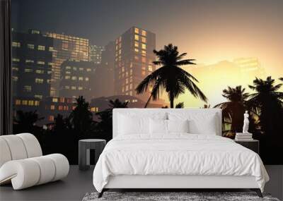 Palms and skyscrapers in the evening, modern city with palm trees in the evening, 3d rendering Wall mural