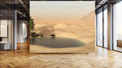 Panorama of a sandy desert with an oasis and a pyramid Wall mural