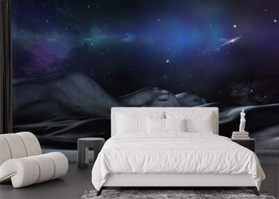 panorama of the alien landscape. rising stars over the moon. moonscape. Wall mural