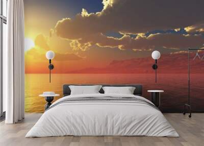 panorama of the ocean sunset, sea sunset, the sun in the clouds over the water, 3D rendering Wall mural