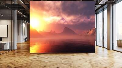 PaPanorama of a beautiful sunset over the water among the mountains.norama of a beautiful sunset over the water among the mountains. Sunset on a rocky bay. Sunrise over a mountain lake. , 3d rendering Wall mural