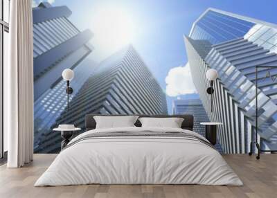 Skyscrapers, high-rise buildings from below against the background of the sky, cityscape, panorama of skyscrapers, 3D rendering Wall mural