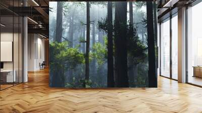 Trees in the fog. The smoke in the forest in the morning. A misty morning among the trees. 3D rendering Wall mural