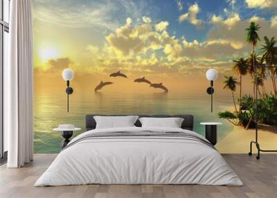 Tropical beach with palms and dolphins at sunset, 3D rendering Wall mural