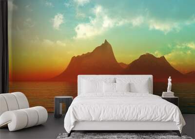 Tropical seascape, palm trees and the sea, 3D rendering. Wall mural