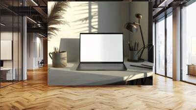 laptop on minimalist study table with blank screen for mock up. Wall mural